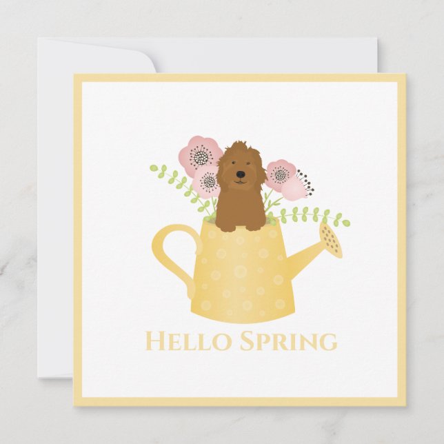 Goldendoodle In Watering Can Yellow Card (Front)
