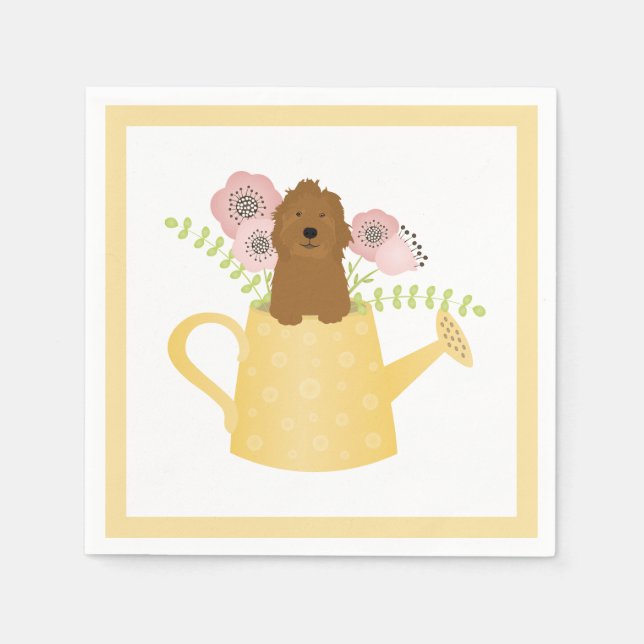 Goldendoodle In Watering Can Yellow Napkins (Front)