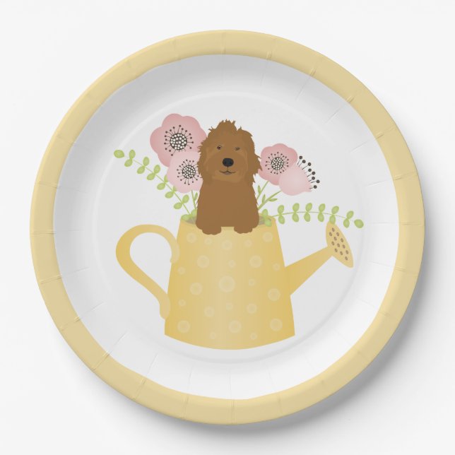 Goldendoodle In Watering Can Yellow Paper Plates (Front)