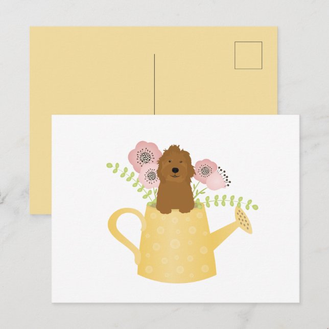 Goldendoodle In Watering Can Yellow Postcard (Front/Back)