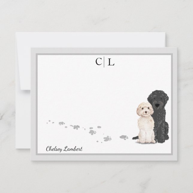 Goldendoodle Labradoodle Dogs Gray Border Monogram Note Card (Front)