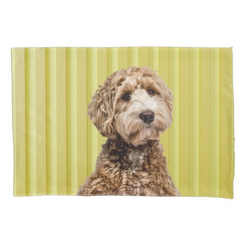 Goldendoodle Laying on Bright Yellow Podium Pillow Case