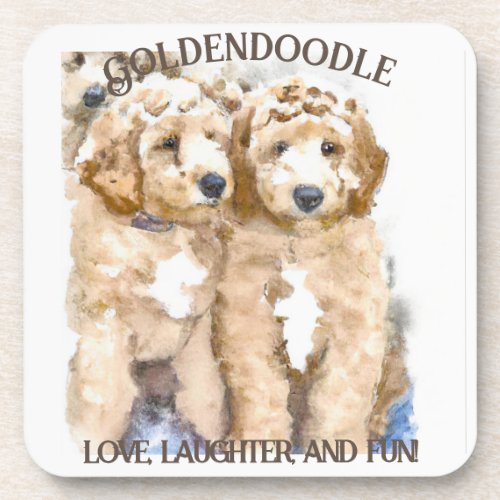 Goldendoodle love laughter and fun beverage coaster