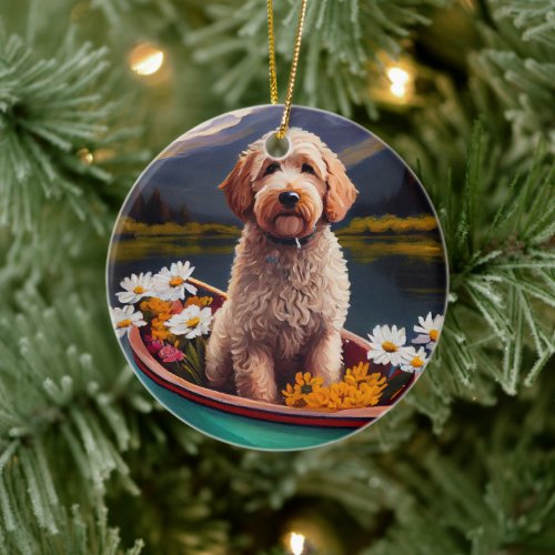 Goldendoodle on a Paddle: A Scenic Adventure Ceramic Ornament