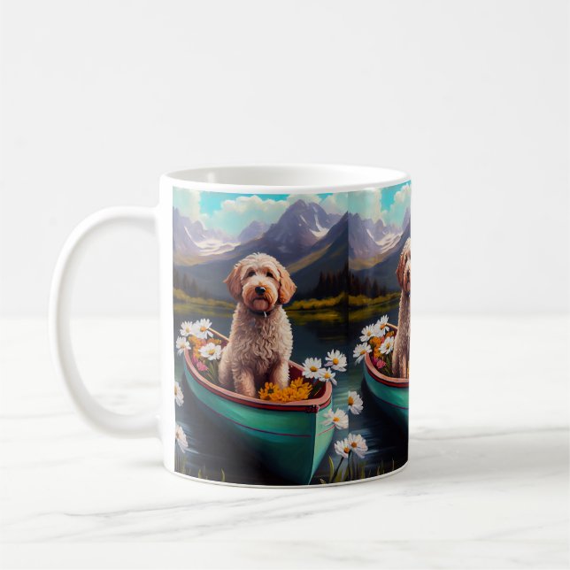 Goldendoodle on a Paddle: A Scenic Adventure Coffee Mug (Left)