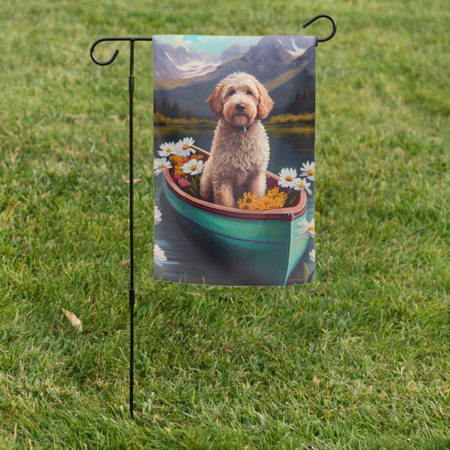Goldendoodle on a Paddle: A Scenic Adventure Garden Flag (In SItu)