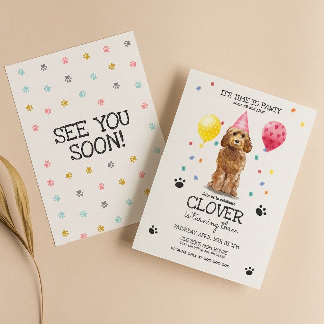 Goldendoodle Pawty Dog Puppy Birthday Pink Invitation (Creator Uploaded)