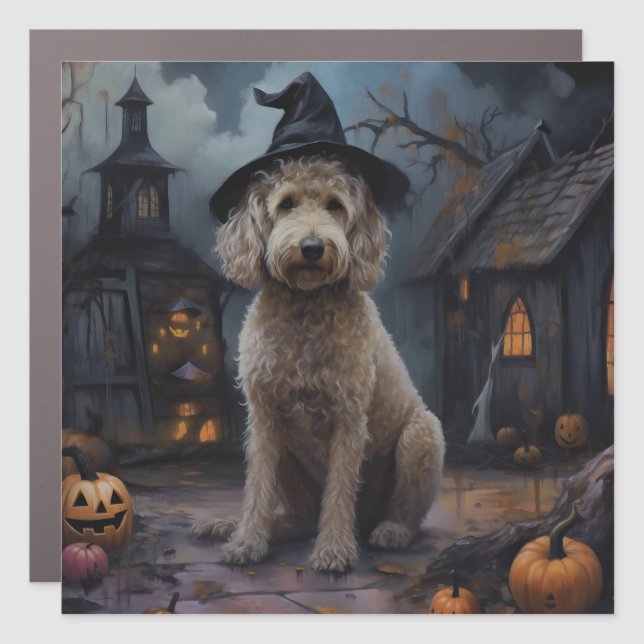 Goldendoodle Pumpkins Halloween Scary Car Magnet (Front)
