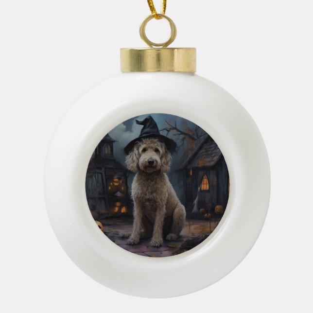 Goldendoodle Pumpkins Halloween Scary Ceramic Ball Christmas Ornament (Front)