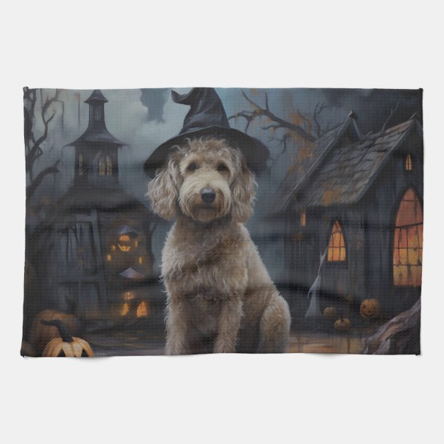 Goldendoodle Pumpkins Halloween Scary Kitchen Towel (Horizontal)