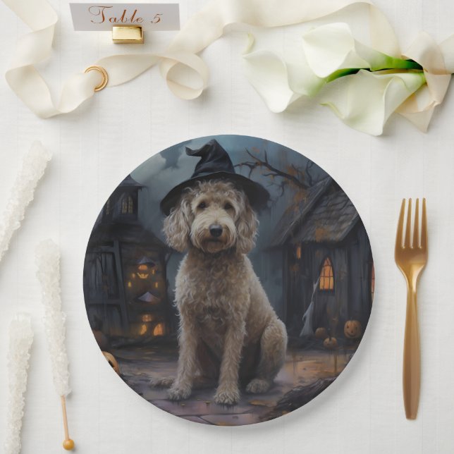 Goldendoodle Pumpkins Halloween Scary Paper Plates (Wedding)