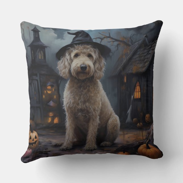 Goldendoodle Pumpkins Halloween Scary Throw Pillow (Back)