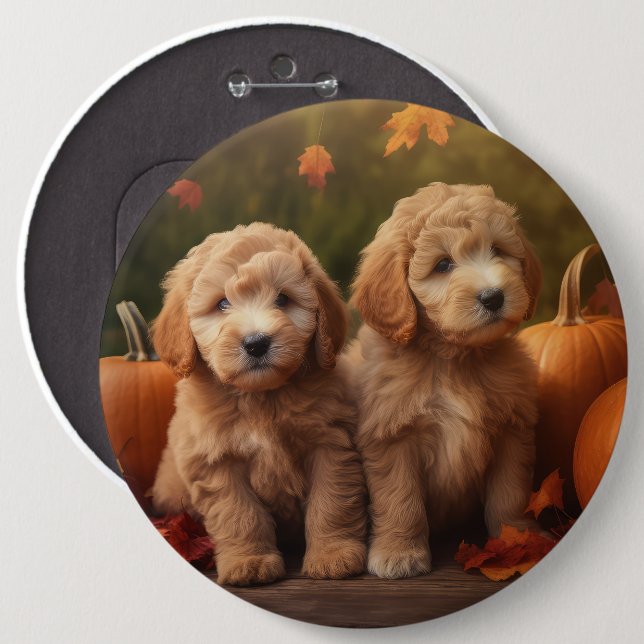 Goldendoodle Puppy Autumn Delight Pumpkin  Button (Front & Back)