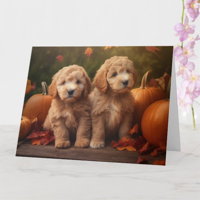 Goldendoodle Puppy Autumn Delight Pumpkin  Card (Orchid)