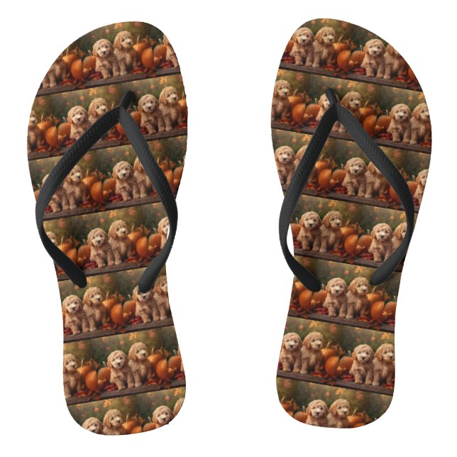 Goldendoodle Puppy Autumn Delight Pumpkin  Flip Flops (Footbed)