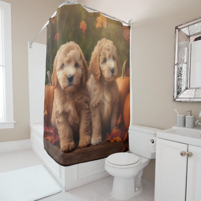 Goldendoodle Puppy Autumn Delight Pumpkin  Shower Curtain (In Situ)