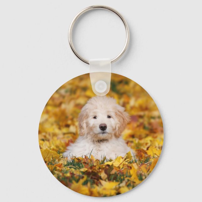 Goldendoodle Puppy In Fall Leaves Keychain (Front)