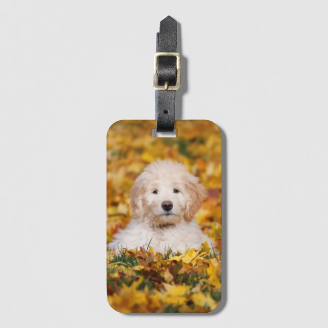Goldendoodle Puppy In Fall Leaves Luggage Tag (Front Vertical)