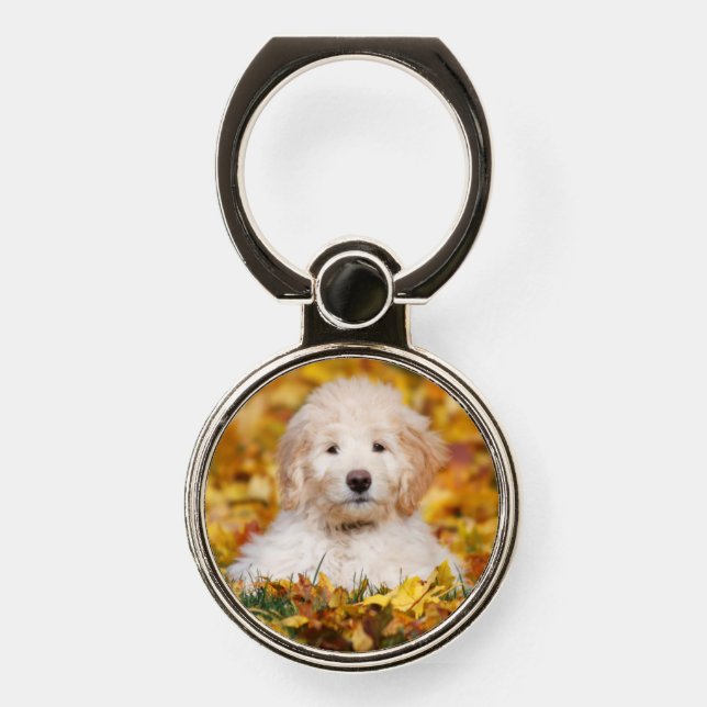 Goldendoodle Puppy In Fall Leaves Phone Ring Stand (Front)