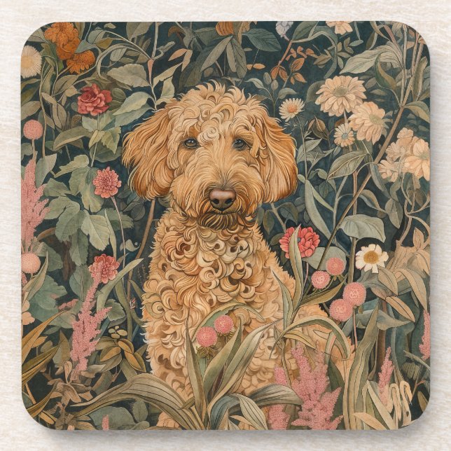 Goldendoodle Puppy in William Morris Style Garden Beverage Coaster (Front)