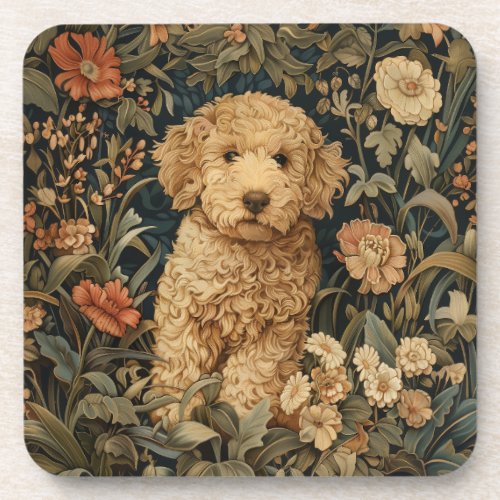 Goldendoodle Puppy in William Morris Style Garden Beverage Coaster
