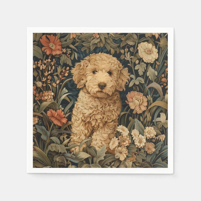 Goldendoodle Puppy in William Morris Style Garden Napkins (Front)
