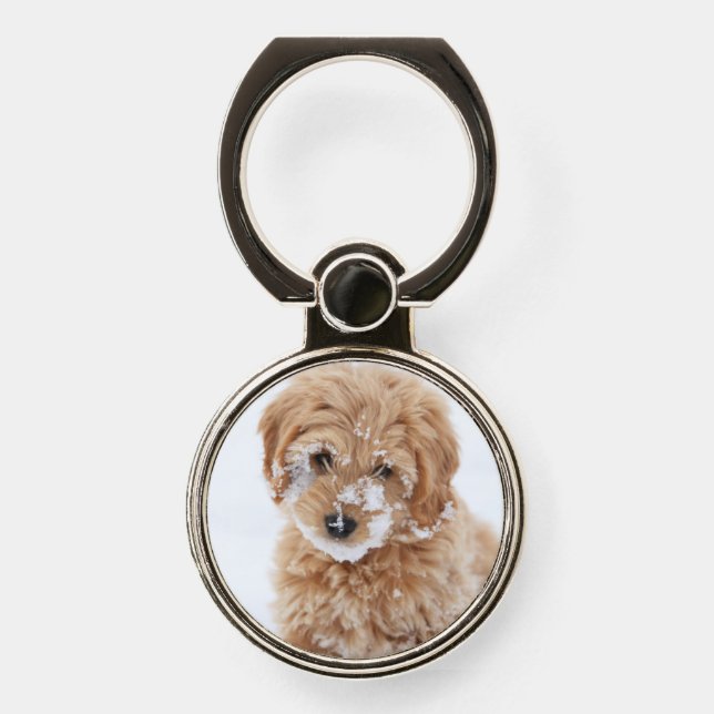 Goldendoodle Puppy With Snow On Face Phone Ring Stand (Front)