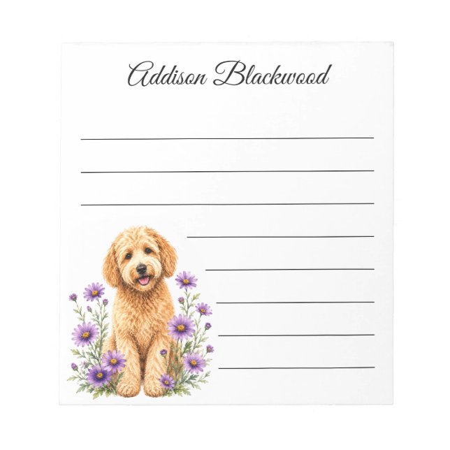 Goldendoodle Purple Daisies Lined Personalized Notepad (Front)
