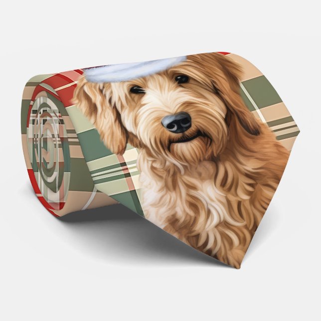Goldendoodle Red Green Plaid Holiday Christmas  Neck Tie (Rolled)