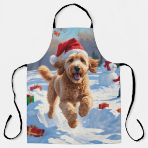 Goldendoodle Running in Snow with Christmas Hat Apron