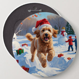 Goldendoodle Running in Snow with Christmas Hat Button