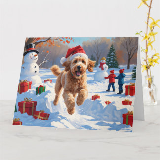 Goldendoodle Running in Snow with Christmas Hat Card