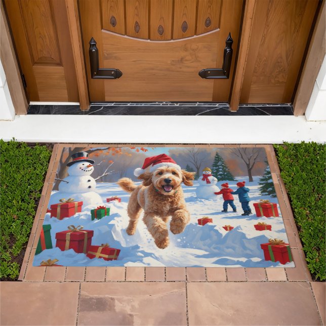Goldendoodle Running in Snow with Christmas Hat Doormat (Outdoor)