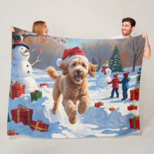 Goldendoodle Running in Snow with Christmas Hat Fleece Blanket