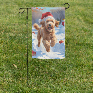 Goldendoodle Running in Snow with Christmas Hat Garden Flag