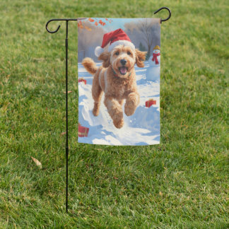 Goldendoodle Running in Snow with Christmas Hat Garden Flag