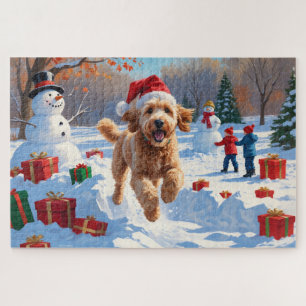 Goldendoodle Running in Snow with Christmas Hat Jigsaw Puzzle