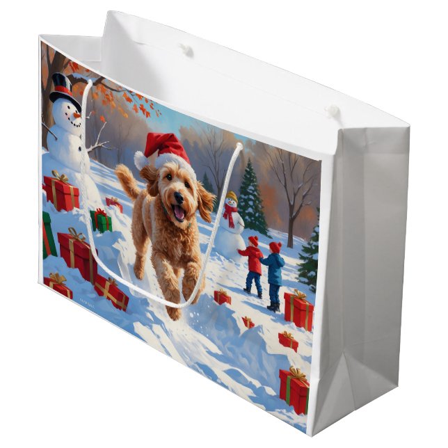 Goldendoodle Running in Snow with Christmas Hat Large Gift Bag (Front Angled)