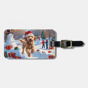 Goldendoodle Running in Snow with Christmas Hat Luggage Tag
