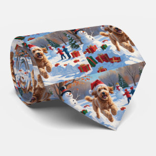Goldendoodle Running in Snow with Christmas Hat Neck Tie