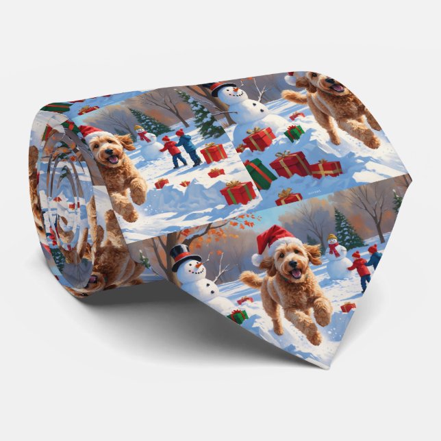 Goldendoodle Running in Snow with Christmas Hat Neck Tie (Rolled)
