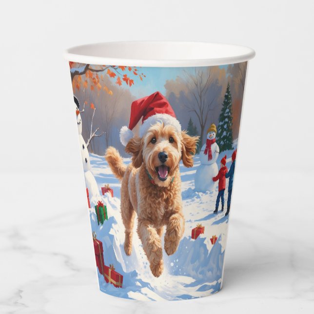 Goldendoodle Running in Snow with Christmas Hat Paper Cups (Front)