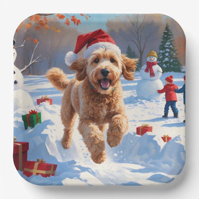 Goldendoodle Running in Snow with Christmas Hat Paper Plates (Front)