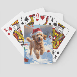 Goldendoodle Running in Snow with Christmas Hat Poker Cards