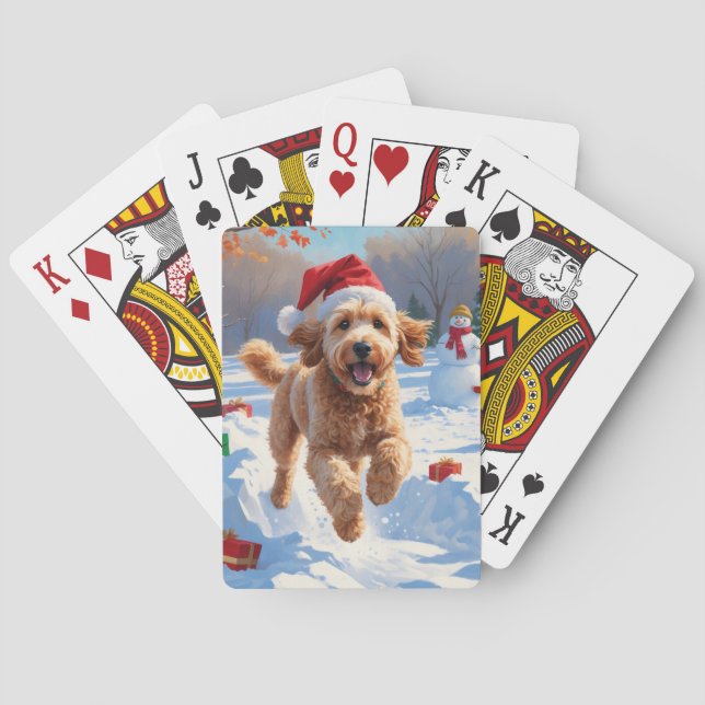 Goldendoodle Running in Snow with Christmas Hat Poker Cards (Back)