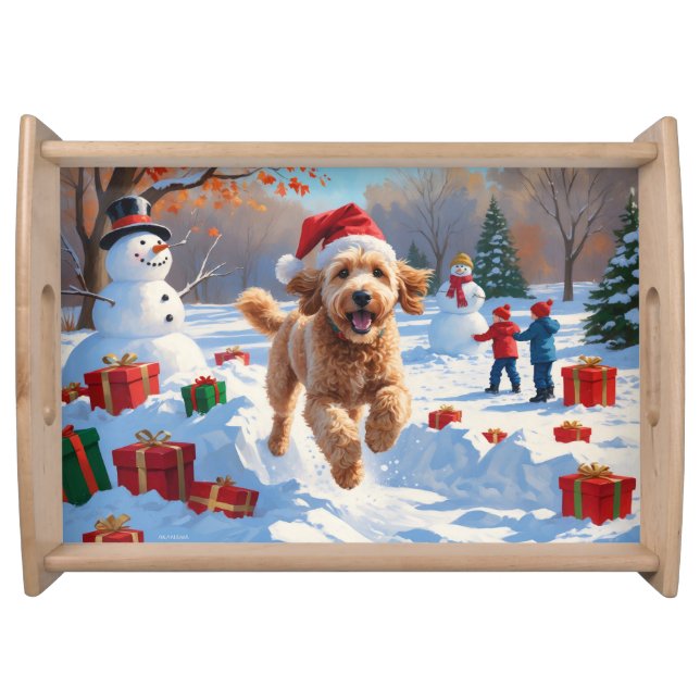 Goldendoodle Running in Snow with Christmas Hat Serving Tray (Front)