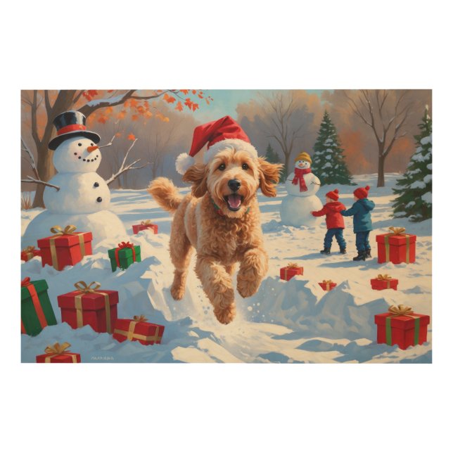 Goldendoodle Running in Snow with Christmas Hat Wood Wall Art (Front)
