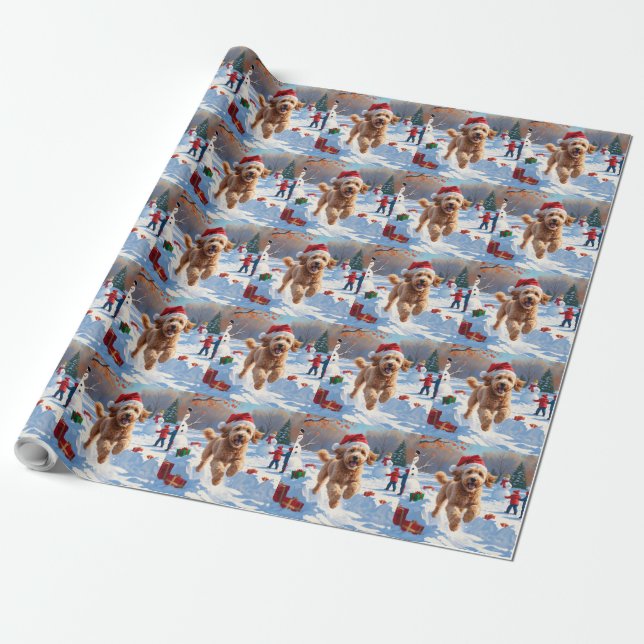 Goldendoodle Running in Snow with Christmas Hat Wrapping Paper (Unrolled)