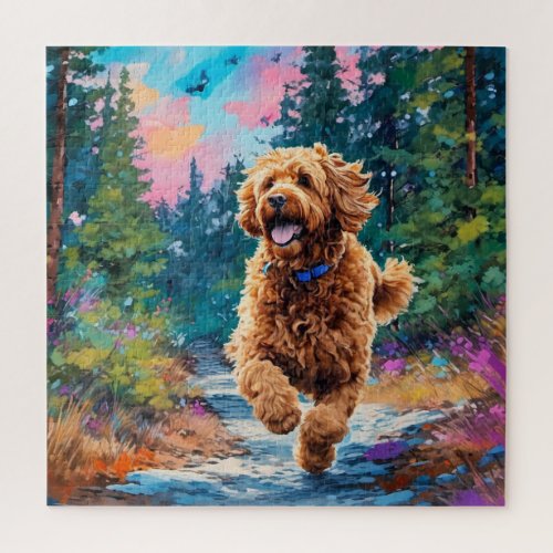 Goldendoodle Runs In the Forest Jigsaw Puzzle