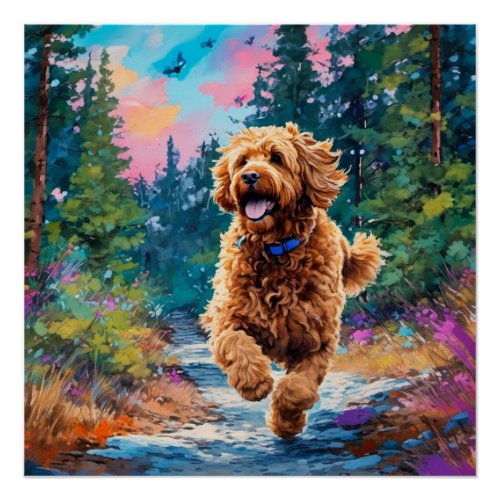 Goldendoodle Runs In the Forest Poster